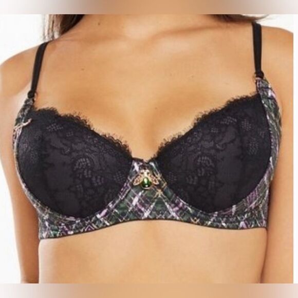 New! Savage x Fenty Plaid Lace Bra Brooch Pin Charms Black A Little Tart Sz 34B - Picture 1 of 12